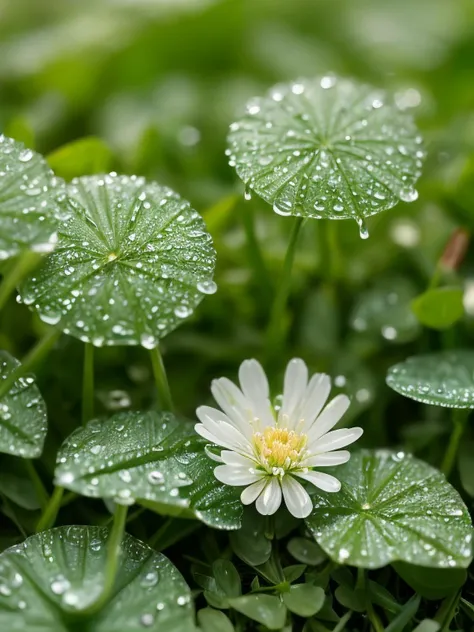 masterpiece, macro shot, close-up of dew drops (random size) lying on clover leaves, meadow in the morning (dew, mist), amazing depth of field, soft natural lighting, shot from a from above, shot on a Lumix GH5 (cinematic bokeh, dynamic range, vibrant colors)