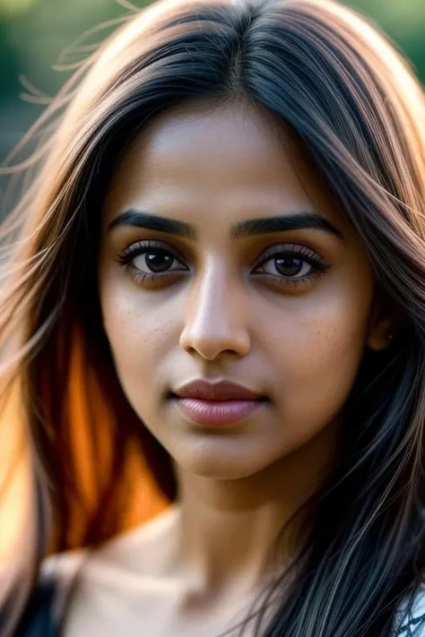 Portrait Photography, A highly detailed close-up of Mandip Gill looking left, with prominent, bright eyes that sparkle with sharpness and contrast against a subtle background, Her skin is flawlessly smooth, An award-winning capture that accentuates her eye color vividly, Use an 85mm lens with ISO 400 for a pinpoint focus on her distinct facial characteristics, Time value set at 1/500 and focal aperture at f/1. 8 to bring her eyes and hair into striking relief with a narrow depth of field, aiming for a very realistic and high-resolution image
