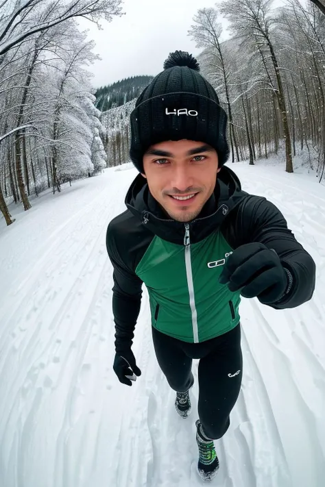 a (lifestyle photography:1.4) young man, age 19, white skin, European, very handsome, has black hair (messsy hair:1.3), skin details, shiny eyes, athletic figure, wearing green thin running jacket black leggings gloves woolen hat,
runs smiling along a forest path in winter (snow, cold air, frosty atmosphere), looks into the lens, upper body shot, overcast flat lighting, (shot on GoPro Hero:1.2)