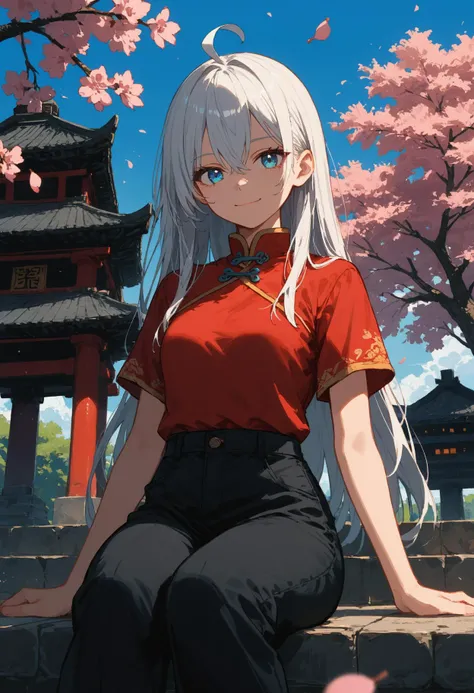 score_9, score_8_up, score_7_up,1girl,solo,white hair,side swept hairstyle,long hair,hair between eyes,ahoge hair,blue marine eyes,perfecteyes,high neck chinese top,red top,short sleeves,black lining,black pants,japanese temple,cherry blossom trees,sunny,vibrant blue sky,colorful,sitting at the temple,looking at viewer,facing viewer,smile,closed mouth,sinozick style,flat color, <lora:Sinozick_Style_XL_Pony:0.8>, <lora:add-detail-xl:1>, <lora:perfect-eyes:0.8>