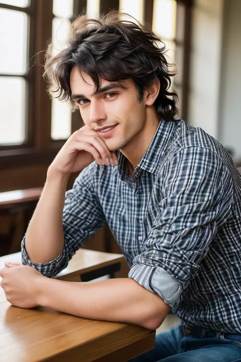 a (candid photography:1.4) of young man, age 20, European, very handsome, black hair (messy hair:1.3), skin details, shiny eyes, having an athletic body, wearing a plaid shirt pants jeans, satisfied, smiling, small coffe bar (sitting at the table, a cup of coffee in front of him), shot from a eyes level, soft bounced lighting, depth of field, shot on Canon EOS 5D (bokeh, smooth background)