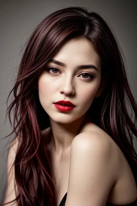 Portrait of Irune Jaso with red lips. Studio shot