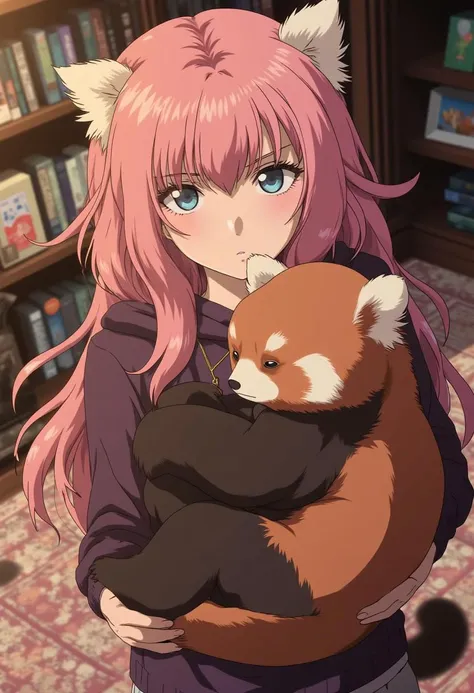 egmid 1girl, young woman with middle pink hair is hugging a red panda, cozy living room, (slight smile:0.3), upper body shot, muted colors, looking at viewer, blank eyes,