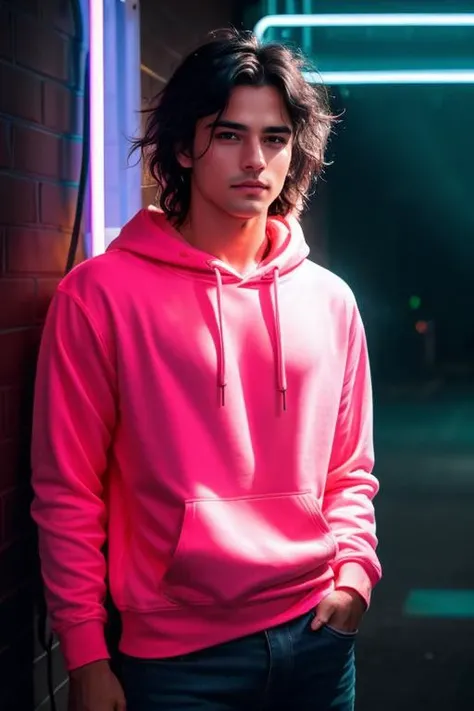 a (lifestyle photography:1.5) young man, age 20, European, very handsome, black hair (messy hair:1.3), skin details, eye details, thoughtful shiny eyes, having an athletic body, wearing a sports hoodie, jeans and sneakers , 
standing against a brick wall in a nightclub, looks towards the lens
BRAKE
upper body shot
BRAKE
(bright neon lighting:1.5)
BRAKE
depth of field, blur in the back, shot on a Lumix GH5 (cinematic bokeh, dynamic range, vibrant colors)