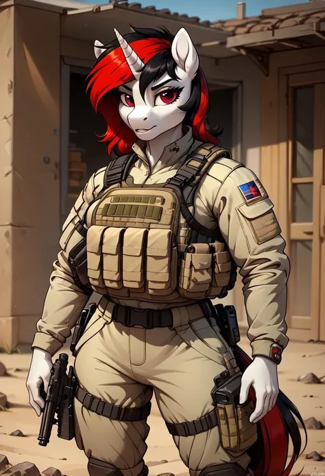 OC Blackjack, anthro pony, unicorn, female, uniform, gun, military, pouch, tactical clothes, tactical, tactical gear, bulletproof vest