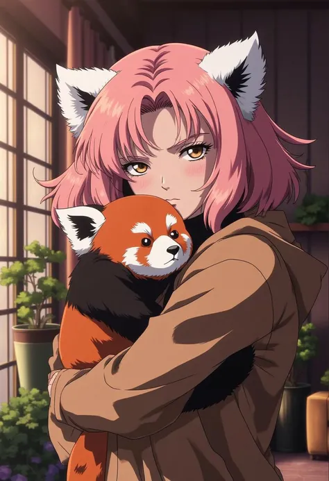 egmid 1girl, young woman with middle pink hair is hugging a red panda, cozy living room, (slight smile:0.3), upper body shot, muted colors, looking at viewer, blank eyes,