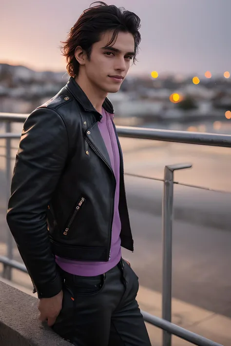 a (lifestyle photography:1.4) of a young man age 20 European, very handsome, black hair (messy hair:1.3), shiny eyes, having an athletic body, wearing a leather jacket leather pants leather shoes, smiling, standing with his back to a concrete wall (matte concrete, cracks) looks at the panorama of a small town, purple sky just before sunrise, shot on upper body, (cinematic light:1.5), shot on Lumix GH5 (cinematic bokeh, dynamic range, vibrant colors)
