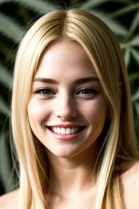 Smiling blonde lives surrounded by marijuana