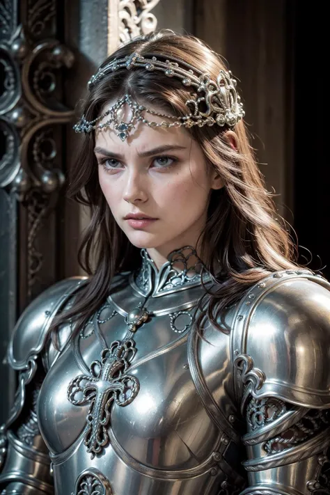 A close up of a woman in a silver armor with a crown on her head ...