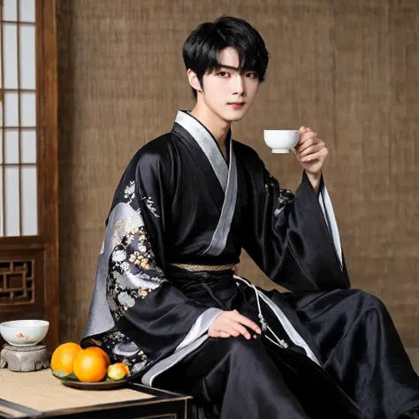 silver printout model, hanfu, solo, short hair, black hair, 1boy, holding, sitting, male focus, food, pants, black eyes, cup, fruit, black pants, table, realistic<lora:hanfu:0.5>