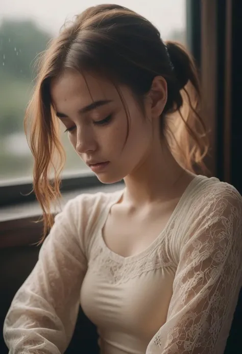 A (((full body view))) of a Girl, very detailed, tying her hair up, hands behind head, medium breasts, (detailed lace bra), (sports tights), atmospheric haze, Film grain, cinematic film still, shallow depth of field, highly detailed, high budget, cinemascope, moody, epic, OverallDetail, 2000s vintage RAW photo, photorealistic, candid camera, color graded cinematic, eye catchlights, atmospheric lighting, imperfections, natural, shallow dof, (wet hair:1.2), cleft chin, freckles, honey eyes,