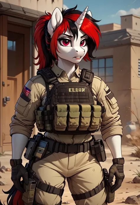 OC Blackjack, anthro pony, unicorn, female, uniform, gun, military, pouch, tactical clothes, tactical, tactical gear, bulletproof vest, gloves