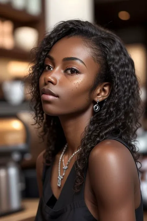 (masterpiece, best quality), (((dark skin))), curly hair, barista, realistic, parted lips, necklace, low-tied long hair, (((detailed skin))), looking away, depth of field,