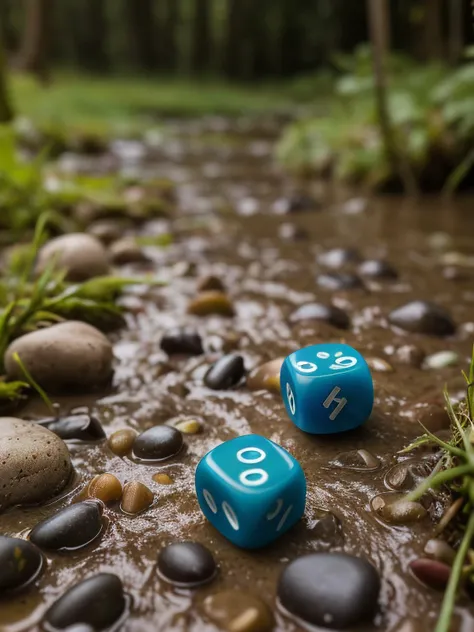 masterpiece, macro shot, a close up plastic dice lying on a forest path (mud, water, grass, pebbles), soft bounced lighting, amazing depth of field, shot from a low angle, shot on Lumix GH5 (cinematic bokeh , dynamic range, vibrant colors)