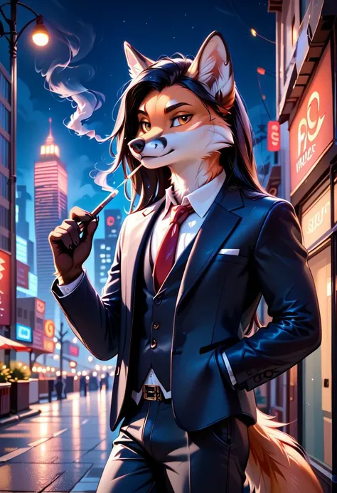 score_10_up, score_9, score_8_up, score_7_up, score_6_up, photorealistic, epiCPhotoGasm-colorfulPhoto, Realistic, highres, super high resolution, 8k, photo, anthro, furry, furry, anthro, fur, male, fox, thin body, tuxedo, black hair, hairs, long hair, trousers, smoking, thin body, red tie, orange fur with black, realistic fur, detailed fur, top of skyscraper, night sity, night, looking at viewer, hair, photo, better resolution, best quality, realistic