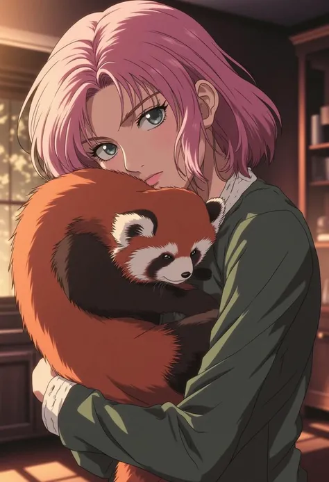 egmid 1girl, young woman with middle pink hair is hugging a red panda, cozy living room, (slight smile:0.3), upper body shot, muted colors, looking at viewer, blank eyes,