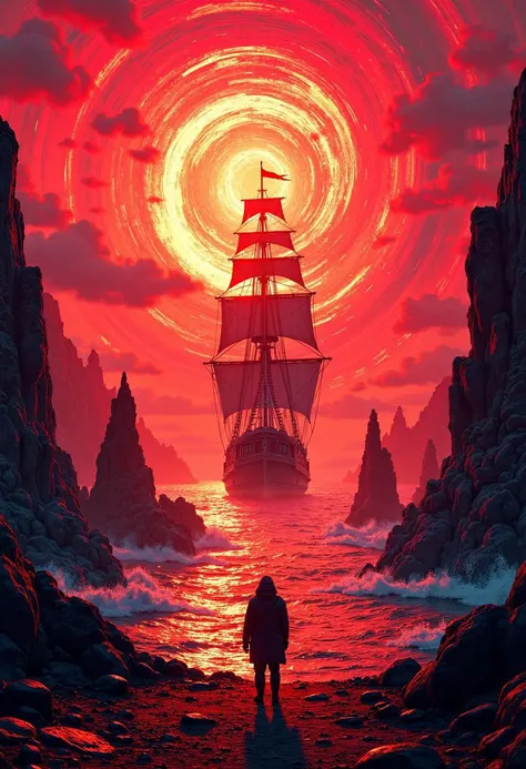 A lone figure, races mingling, and towering masted ships. A bold color Multiple neon mystical swirls created using the artistic technique of splattering. palette of rich reds, with shadows and effect that gives the design captivating, light grain, distorting the sense of up and down. In this bizarre landscape, one altered element can send the entire scene careening into chaos.