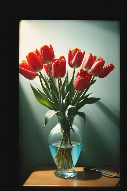 (instant photo:1.5), tulips in a vase, dramatic, (studio lighting:1.2), shot on Canon EOS 5D (soft focus:1.2) with Ektar 100 film