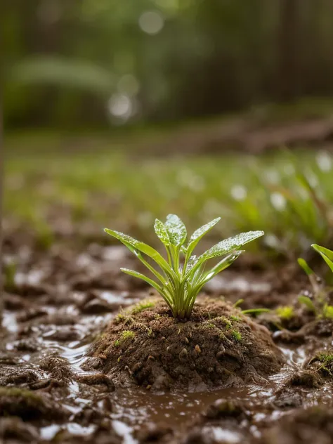 masterpiece,professional macro photography, professional macro photography, small sprouting plant in the mud on a forest path (wet sand, mud, grass), soft bounced lighting, amazing depth of field, shot from a low angle, shot on Lumix GH5 (cinematic bokeh, dynamic range, vibrant colors)