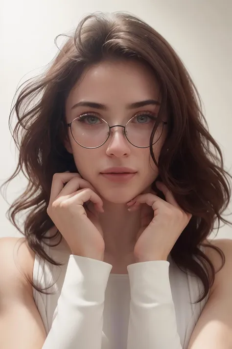 <lora:l34nb33fp4tty-v2.2:1> l34nb33fp4tty, (high-angle shot:1.3), (close-up portrait:1.3) photo of woman, 8k resolution, best quality, photorealistic, masterpiece, beautiful composition, volumetric lighting, atmospheric shadows, bokeh, (subsurface scattering:1.1), cinematic lighting, (focus on face, eye-level:1.3), look at viewer
wearing glasses, messy hair, wavy hair, wearing white tank top and bodycon shorts, athletic, toned abs, midriff