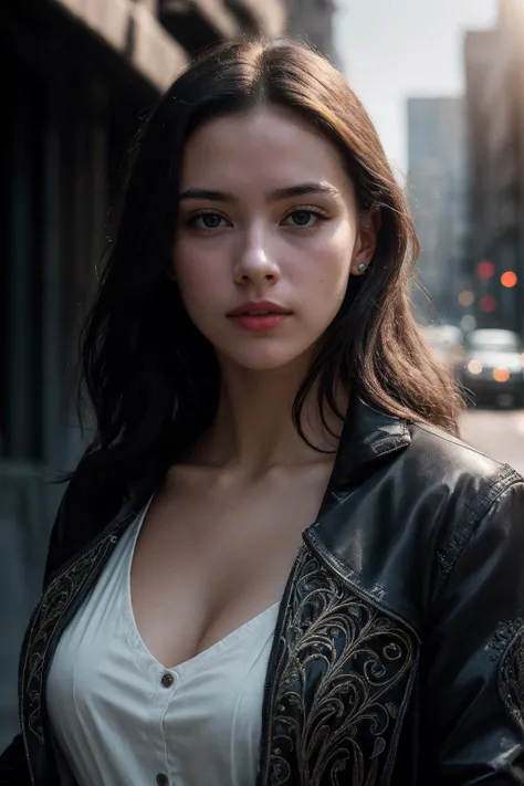 (masterpiece), (extremely intricate:1.3), (realistic), portrait of a girl, the most beautiful in the world, (Black jacket), fine clothes, upper body, outdoors, intense sunlight, big city, professional photograph of a stunning woman detailed, sharp focus, dramatic, award winning, cinematic lighting, octane render, unreal engine, volumetrics dtx