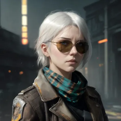 epic realistic, portrait of halo, white hair, sunglasses, tartan scarf, black tshirt, brown leather jacket, <lora:hairdetailer:0.5>, by atey ghailan, by greg rutkowski, by greg tocchini, by james gilleard, by joe fenton, by kaethe butcher, gradient yellow, black, brown and magenta color scheme, grunge aesthetic, graffiti tag wall background, art by greg rutkowski and artgerm, soft cinematic light, adobe lightroom, photolab, hdr, intricate, highly detailed, depth of field, faded, neutral colors, hdr, muted colors, hyperdetailed, artstation, cinematic, warm lights, dramatic light, intricate details, complex background, (teal and orange:0.4)