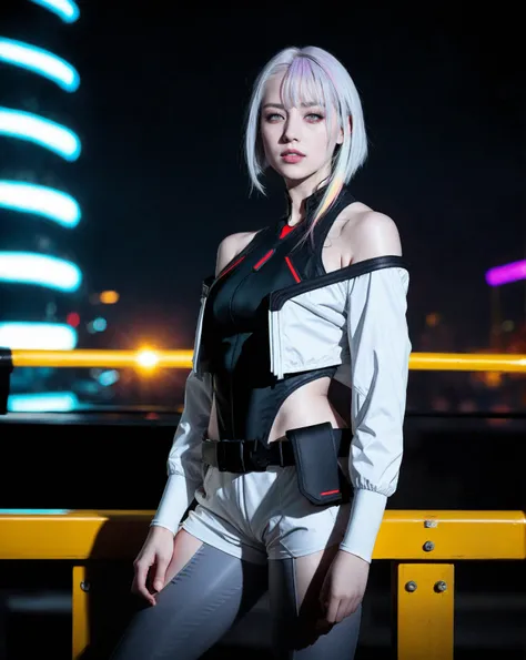 masterpiece, (photorealistic:1.4), best quality, beautiful lighting, (ulzzang-6500:0.5), lucy \(cyberpunk\), 1girl, white hair, against railing, arm rest, bangs, bare shoulders, belt, black belt, black leotard, black pants, blurry, bob cut, breasts, building, cityscape, clothing cutout, (cropped jacket), cyberpunk, depth of field, from side, gradient eyes, grey eyes, grey hair, white jacket, leotard, lips, long sleeves, looking afar, looking ahead, (mechanical parts), medium breasts, multicolored eyes, multicolored hair, night, night sky, off shoulder, open clothes, open jacket, outdoors, pants, parted lips, railing, red eyeliner, science fiction, short hair with long locks, short shorts, shorts, sidelocks, sky, solo, standing, teeth, thigh cutout, upper teeth only, white jacket, white shorts, cyberpunk \(series\), cyberpunk edgerunners, RAW photo, 8k uhd, film grain, cosplay, white wig, night, neon lights,,,, <lora:lucy_offset:1.21>