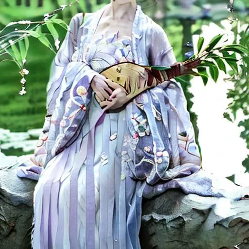 breasts, sitting, holding, rabbit, closed mouth, wide sleeves, see-through, playing instrument, day, branch, mole, floral print, blurry, realistic, japanese clothes, chinese clothes, blurry background, head out of frame, hanfu, full body