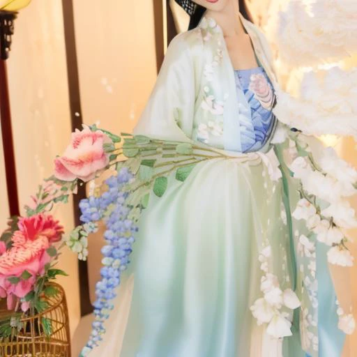 white dress,hanfu, head out of frame, holding flower, head out of frame, peony (flower), closed mouth, floral print, from side, closed mouth, head out of frame, holding flower, hand up, holding, red lips, head out of frame, vase, earrings, branch, blurry, head out of frame, sitting,flower, blue dress, 1girl, leaf, head out of frame