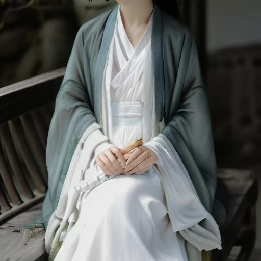 blurry background, white kimono, hanfu，solo, weapon, blurry，sitting，holding，holding instrument, feet out of frame, kimono, hanfu，, long sleeves, unsheathing, folded fan, sheath, flute, parted lips, robe, plant