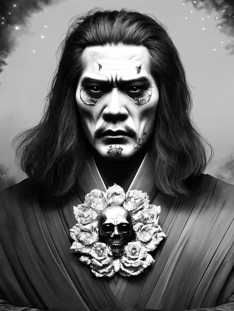 (horror art by Santiago Caruso:0.9),dark art,Ice statue of of a Striking ("Takeno, Samurai General":1.2),foliage and Kuiper Belt in background,Sharp and in focus,ultrafine detailed,Lomography,monochromatic,baroque,quality,elaborate,confident,rich deep colors,cool colors,aesthetic,rich vivid colors,cinematic perfect intricate stunning fine detail,