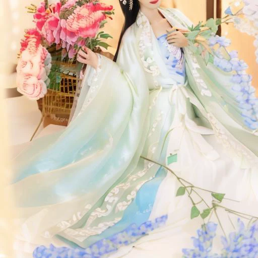 branch, white dress, red lips, head out of frame, holding flower, lantern, white dress,hanfu, head out of frame, hair ornament, blurry, head out of frame, bouquet, , hanfu, leaf, head out of frame, wide sleeves, lips, indoors, floral print, very long hair, sitting,flower, solo