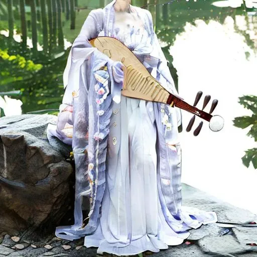 day, hand fan, upper body, blurry background, standing, white dress, long sleeves, grass, japanese clothes, breasts, nature, biwa lute, see-through, mole, outdoors, solo, floral print, head out of frame, holding instrument, holding animal