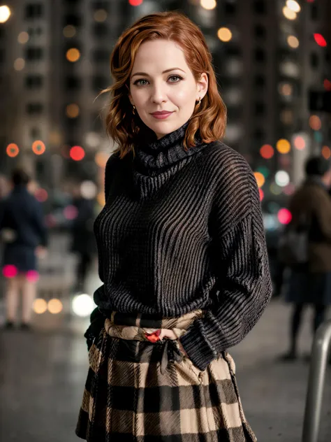 a photo of Katherine Parkinson, stylish, in a turtle-neck sweater, plaid skirt, full-body, city bokeh lights <lora:Katherine-Parkinson-v10-e10:0.7>