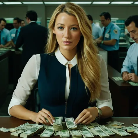 a photo of blake lively, ohwx woman, as a bank teller, counting money, best quality, cinematic lighting <lora:blakelively_SDXL:0.8>