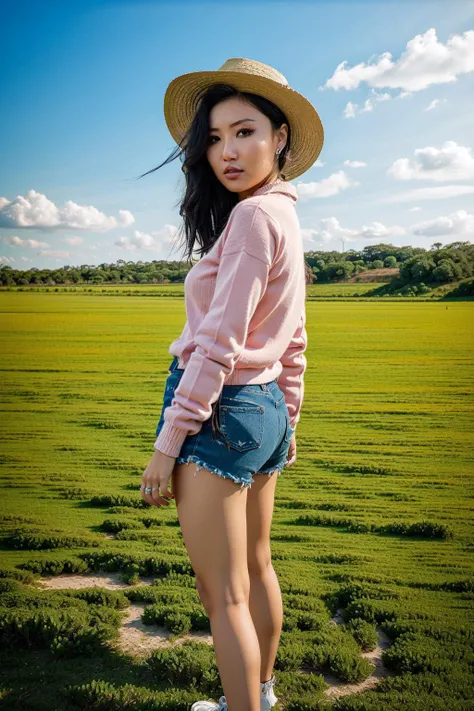 full body portrait of hwasa, pink sweater, denim shorts, wide brimmed hat, directed by wes anderson, movie still frame, cinematic, photorealistic, dslr, beach, coast, blue sky, hills, grass, italian town, field, RAW photo, high quality, film grain, Fujifilm XT3, UHD, masterpiece, colorful, muted pastel color scheme, closeup, stylized, looking back over shoulder, whimsical, <lora:hwasa_V11:1>