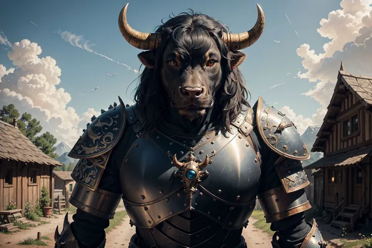 (high detailed), bull, cute, wearing tattered medieval heavy armor, looking evil, bad mood, deafening, Medow landscape, blue sky with small clouds, in the background far away a small village, beautiful intricately detailed, dof, realistic light, pixar style, <lora:wowifierV3:1>