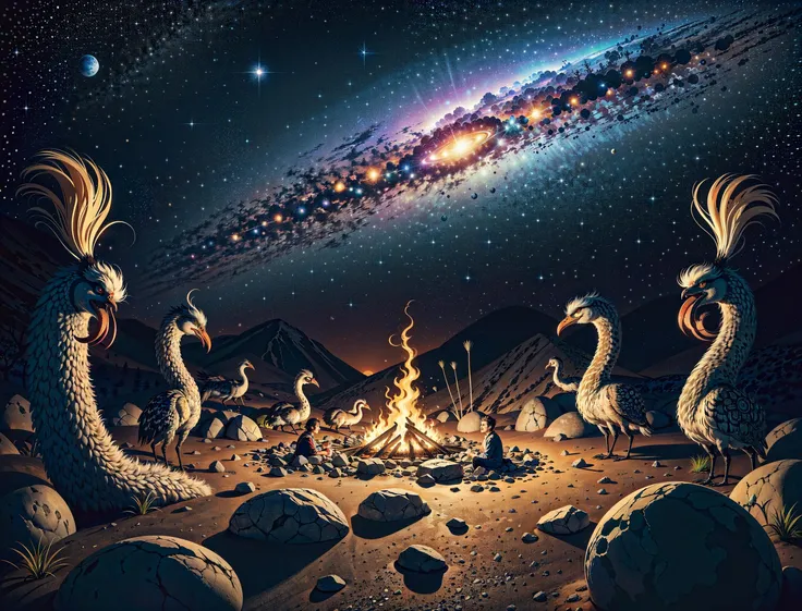 irregular noise overlaid on top of roaring fire in the middle of the night surrounded by the weirdest creatures and characters you can imagine, animal hybrids, anthropomorphic trees, ostriches smiling and smoking, only visible in the warm light of the fire in the middle, psychedelic meeting with dreaming lucid, LSD, DMT, illustration, art, (sharp lines:1.2), very sharp thick lines outlining and guiding the eye towards the focal point, weird strange perspective, siluett of canopy above, (in the style of M4rbleSCNEW:1.1),(intricate details,hyperdetailed:1.2),fractal art, decoration, vector style, mythology, by Michelangelo,solar system, milky way, dream, fantasy,(abstract background:1.3),ultra realistic,32k,extremely detailed CG unity 8k wallpaper, best quality