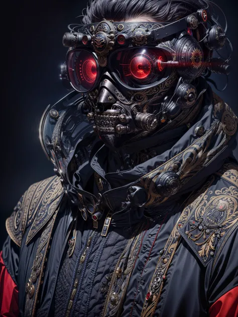 a close up of a {samuraj: 0.1 - 0.45 : 1 - 0 : co} {robot: 0.5 - 0.9 : 1 - 0 : e} person wearing a weird futuristic mask, hyper maximalist, takata yamamoto style, (eyes hidden behind weird mask googles glasses made of black diamond glass decorated in ornate korean street fashion fused with indigenous clothes:1.1), androgynous, face covered, maximalist hiphop, puffy jacket, inflated, detailed buttons and strings and zippers all over, many intricate folds as details in the clothes and fabrics, studio, japanese clothes, dark navy grey backdrop with spotlight and gobos, dark focusing vignette, grain, (shiny:1.2), psytrance, red sport clothing, irreverent characters, fstop of 8, hyper - real, swiss design, old charismatic mechanic, pulsating, future fashion shoot, PunkAI, poster,