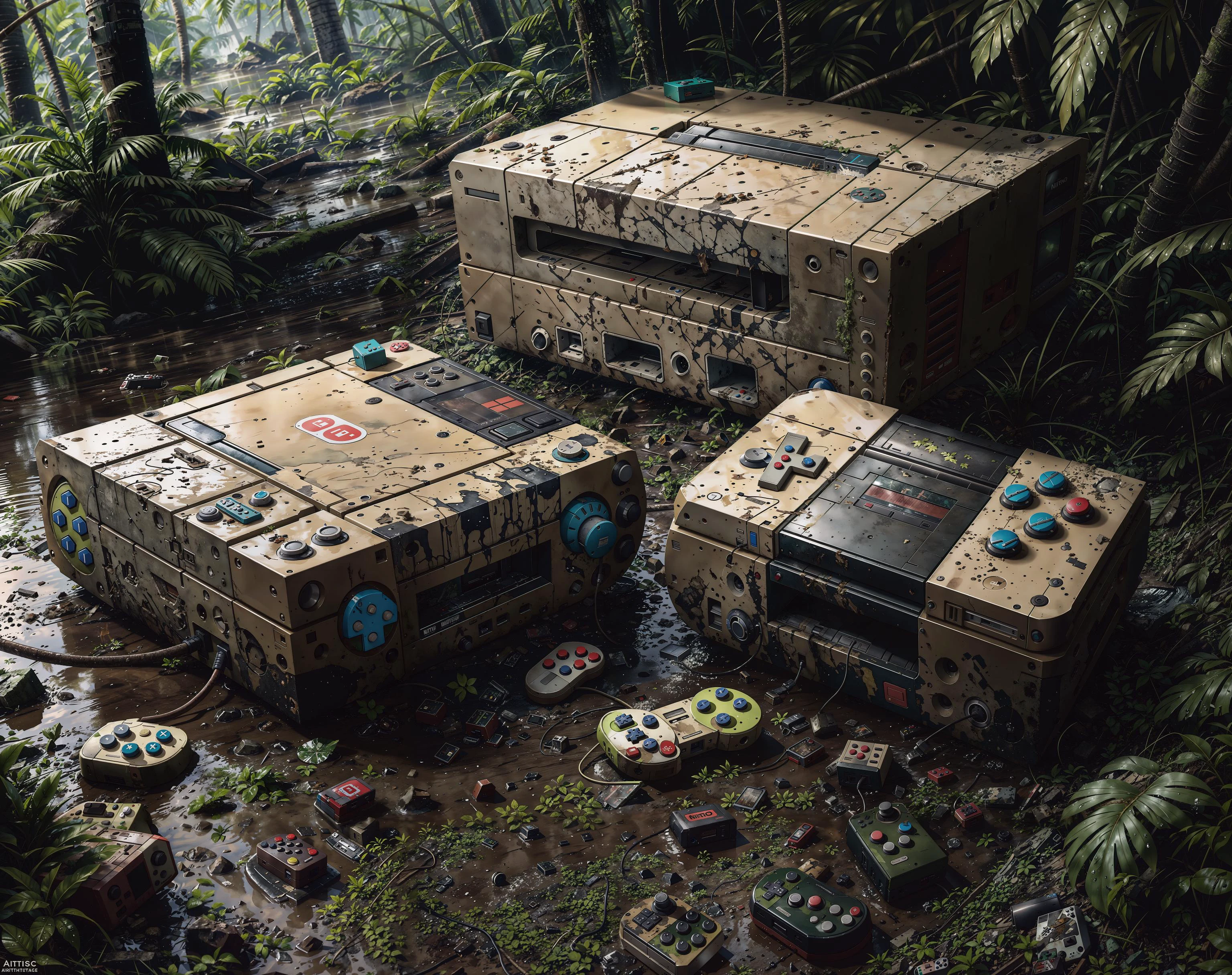old abandoned nintendo game console in the jungle, Topnotch Artstyle, tossed in the dirt, mud, scratches, dent, broken, crushed, shattered, rain, wet, water, droplets, film grain, grainy, vintage, lots of smudge and grime and texture,