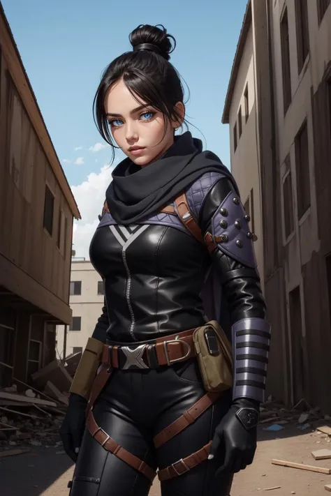 (masterpiece, best quality),  intricate details,
1girl,   <lora:wraith_(apex_legends):0.8> wraith (apex legends), single hair bun, hair bun, bodysuit, scarf, black bodysuit, holding, breasts, black hair, black scarf, large breasts, blue eyes, belt, brown belt, bangs, parted bangs, hair behind ear, gloves, nose piercing, black gloves, thigh strap,
ruined skyscraper, debris, post-apocalypse, arms behind back, leaning forward,