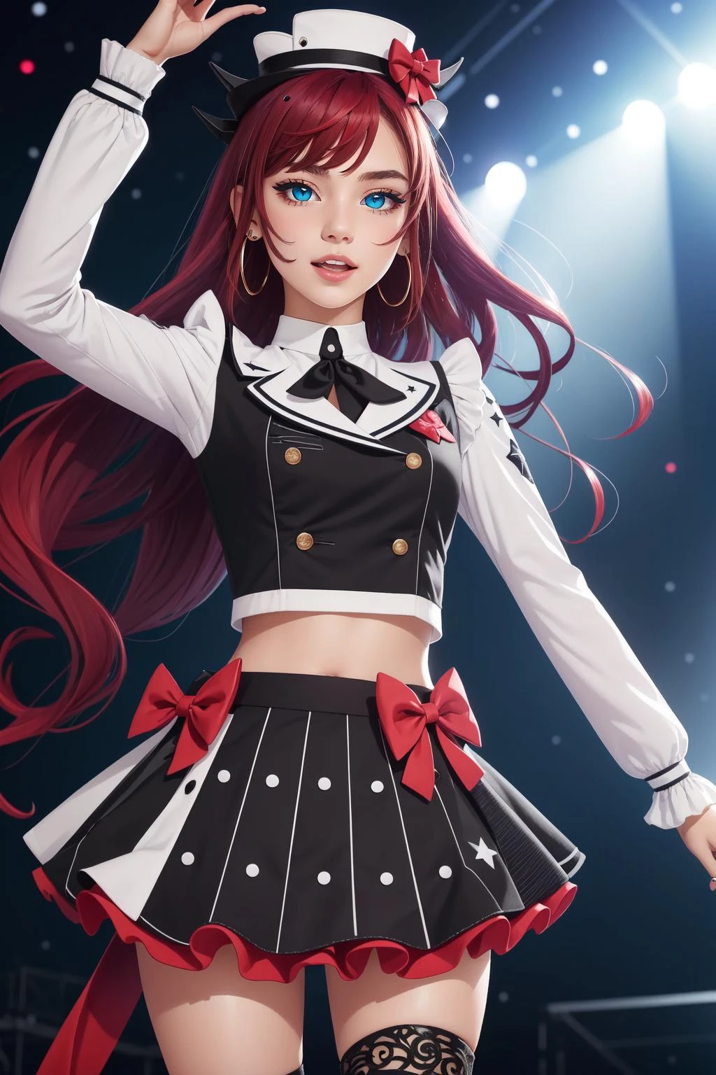 (masterpiece, best quality), intricate details,
1girl, <lora:IrysHololive:0.8> IrysIdol, heterochromia, long hair, hololive idol uniform, bow, midriff, mini hat, single thighhigh, layered skirt, asymmetrical sleeves, single sleeve,
on stage, concert, lights, dancing, singing, speakers,