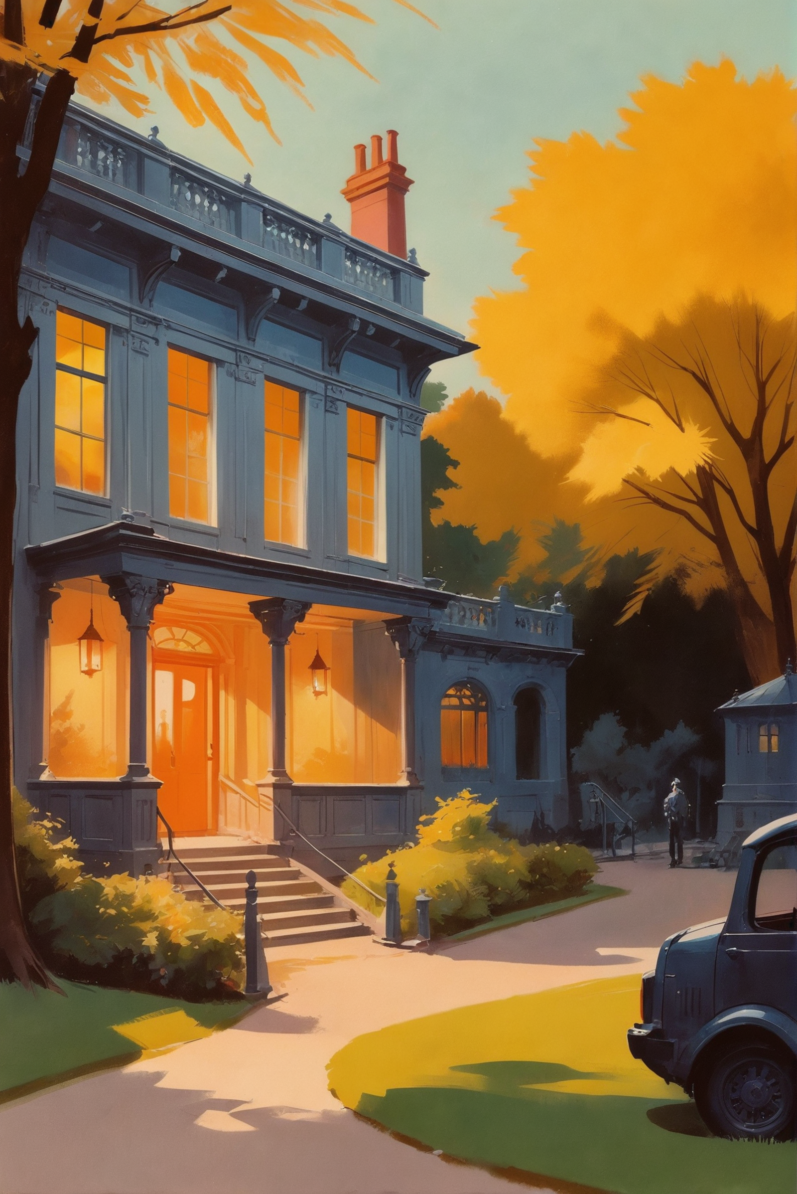 Painting of a house with a car parked in front of it - SeaArt AI