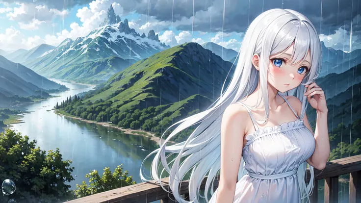 masterpiece, best quality, 1girl, white long hair, pretty blue eyes, white simple short dress, shameful face, blush, rain, water drop, rural, river, mountain, cloudy sky, dark cloud, (portrait:1.2), (looking down:1.0),