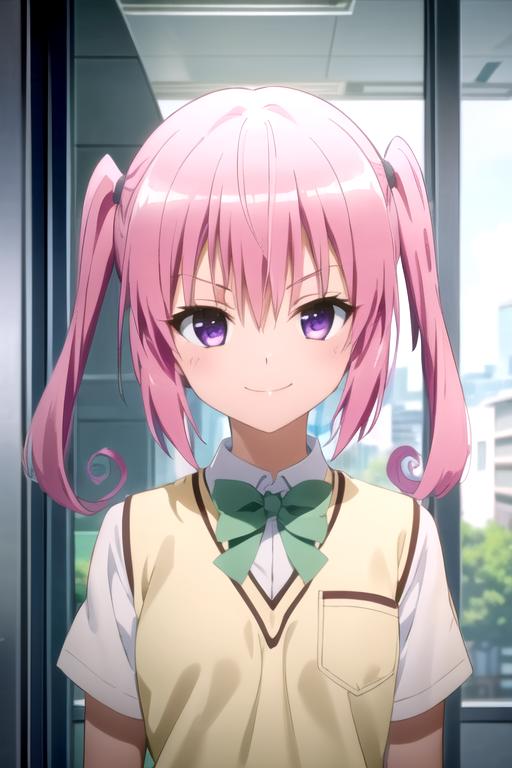 Anime girl with pink hair and green bow tie standing in front of a ...