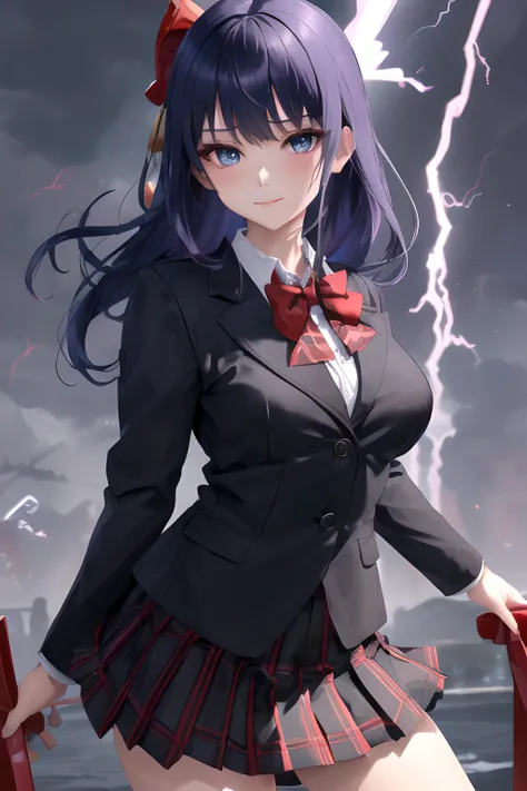 <lora:raidenShogunGenshinImpact_v10:0.7>, raiden shogun, raiden, (medium breasts), perfact breasts,
masterpiece, best quality, ultra-detailed, beautiful lighting, bangs, (black_jacket:1.2), (blazer:1.1), blue_eyes, perfect eyes, inazuma,
(((bow, bowtie, collared_shirt, jacket, looking_at_viewer, plaid_skirt, pleated_skirt, red_bow, red_bowtie, school_uniform, shirt))),
(One leg crossed over the other), (pov:1.1), (smile:0.9), ((with Engulfing Lightning)),