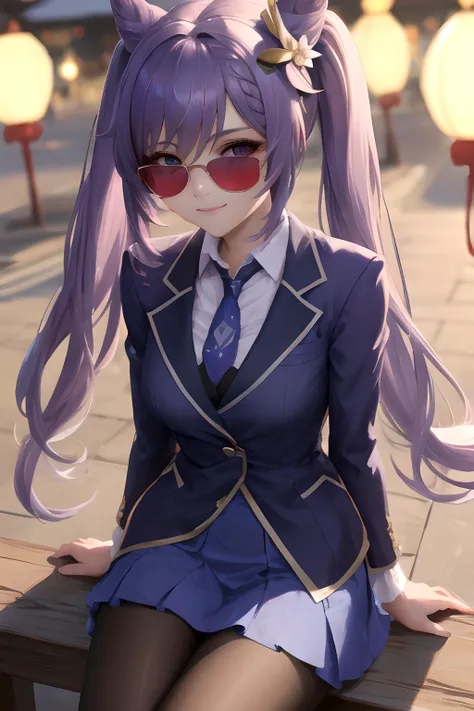 <lora:keqingGenshinImpact_v10:1>, (small breasts), perfact breasts,
masterpiece, best quality, ultra-detailed, beautiful lighting, bangs, (blazer:1.1), blue_eyes, perfect eyes, 
(Sitting),(Oversized sunglasses:1.1), (pov:1.1), (smile:0.9), outdoors, spring \(season\), lantern festival,
