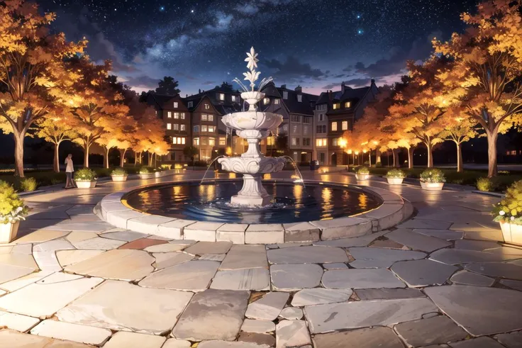 (masterpiece,best quality), illustration, ultra-detailed, afternoon, town, many people, (town fountain square:1.1) in the middle of the city can be seen in all directions and (wide open round courtyard:1.1), white natural stone walkway lined with houses, beautiful detailed starry sky <lora:add_detail:0.5>