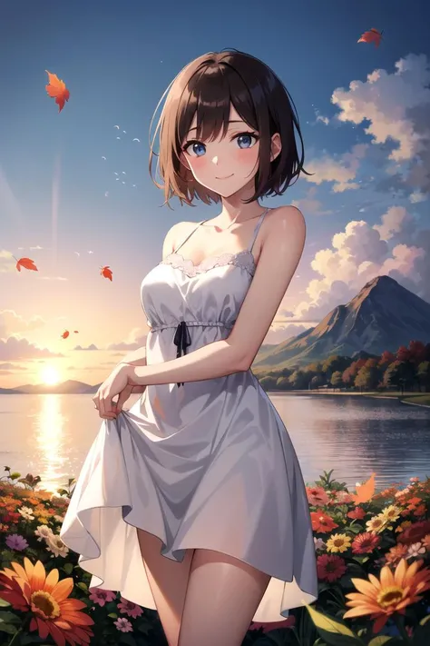 (masterpiece,best quality),1girl, autumn, autumn_leaves, bangs, beach, blue_sky, blush, breasts, brown_hair, closed_mouth, cloud, cloudy_sky, collarbone, day, dress, field, flower, flower_field, horizon, lake, leaf, looking_at_viewer, mountain, mountainous_horizon, ocean, outdoors, palm_tree, petals, plant, red_flower, short_hair, skirt_hold, sky, smile, solo, standing, sunset, tree, twilight, water, white_dress, perfect eyes