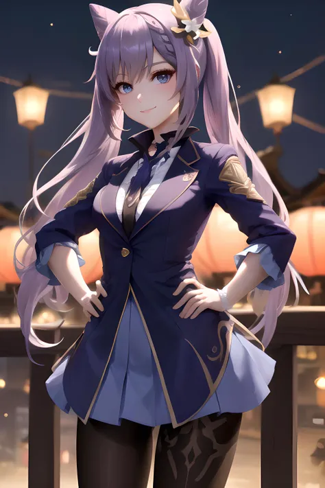 <lora:keqingGenshinImpact_v10:1>, (small breasts), perfact breasts,
masterpiece, best quality, ultra-detailed, beautiful lighting, bangs, (blazer:1.1), blue_eyes, perfect eyes,
(Standing with hands on hips), (pov:1.1), (smile:0.9), outdoors, spring \(season\), lantern festival,